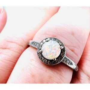 Sterling Silver Round White Opal Halo Ring with Accent Stones Size 10